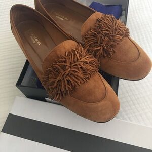 Aquazzura Brown Suede Loafers with Pom-Pom Detail